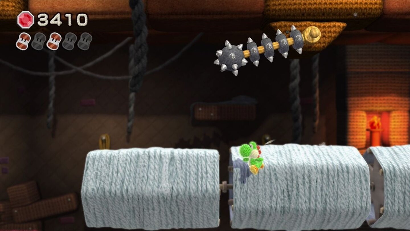 Yoshi's Woolly WorldAls wäre der schwingende Morgenstern nicht genug, drehen sich die Garnrollen auch noch um die eigene Achse.