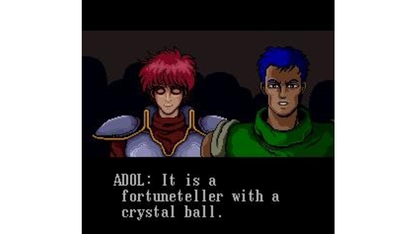 The hero Adol and his blue-haired friend Dogi