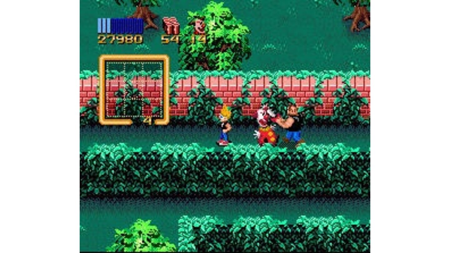 Zeke uses the clown power-up to block the path, it will temporarily stop the chainsaw wielding maniac