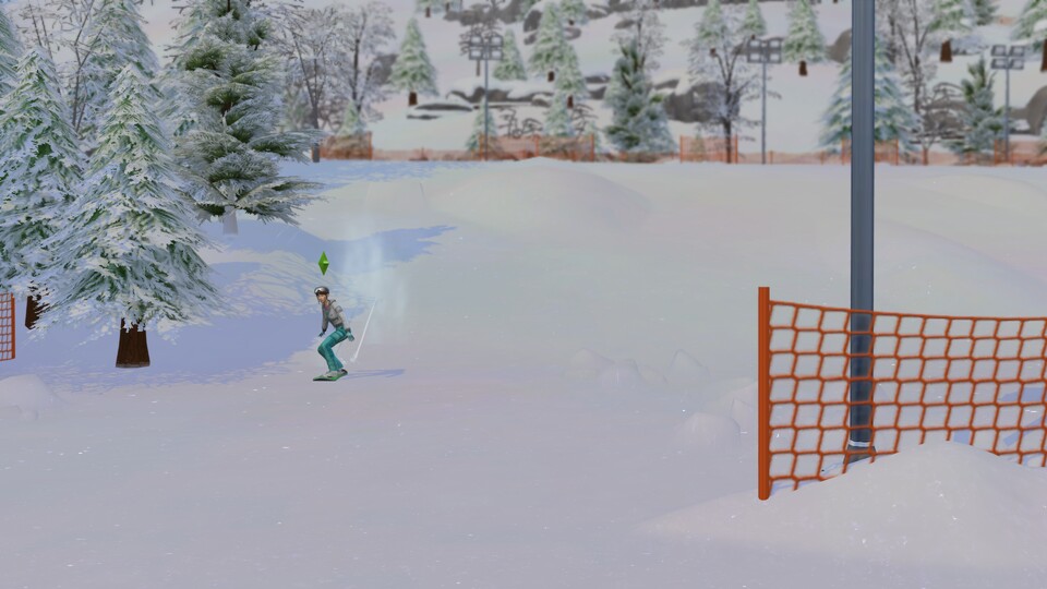 Die Sims erleben in der Natur von Mt. Komorebi neue Aktivitäten, zum Beispiel Snowboarding am Waldrand.