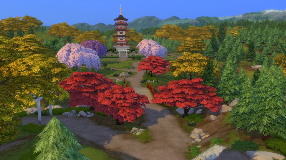 In den Wäldern können eure Sims auf Wandertouren gehen und traditionelle Tempel entdecken.