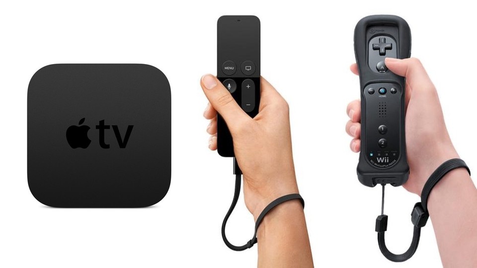 Der neue Controller für Apple TV hat ein Touchfeld sowie Beschleunigungs-Sensoren und ist damit der mittlerweile fast 10 Jahre alten Wiimote (rechts) ziemlich ähnlich.