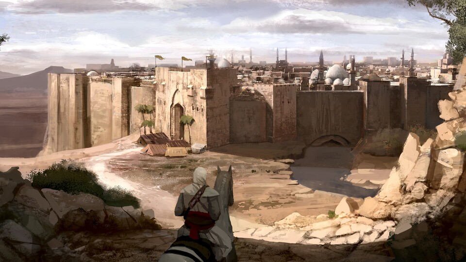 Eine Konzeptzeichnung für das erste Assassin's Creed, das in der Region um Jerusalem spielt.