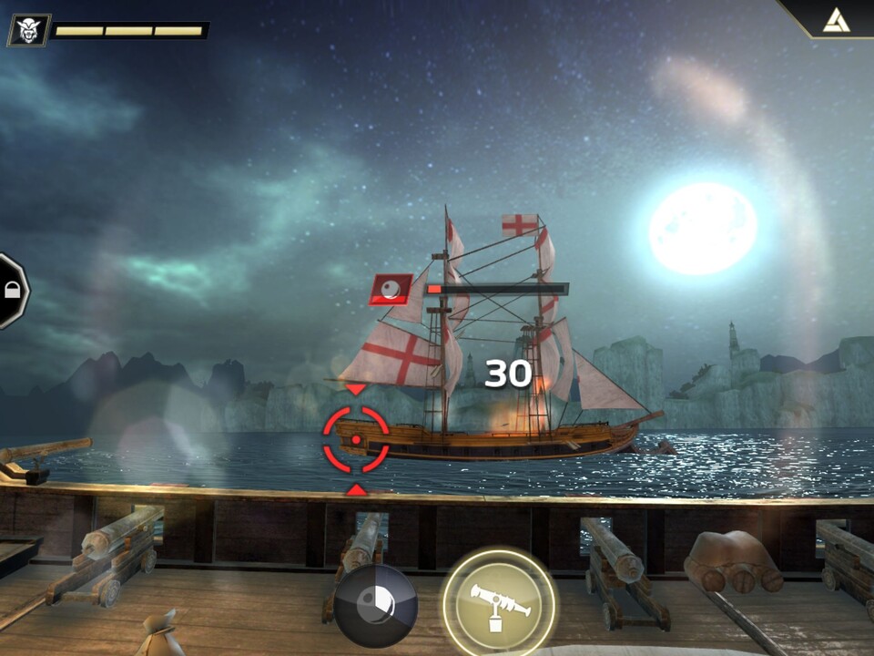 Schlacht im Mondschein: Mit den Drehbassen lassen sich besonders empfindliche Punkte des feindlichen Schiffes anvisieren, die nach einer Breitseite automatisch markiert werden. (iPad)