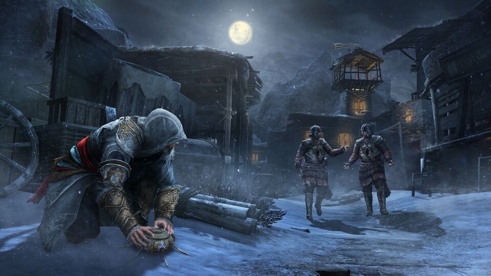 Fies: Ezio platziert eine Mine die den nahenden Wachtrupp ausschalten soll.