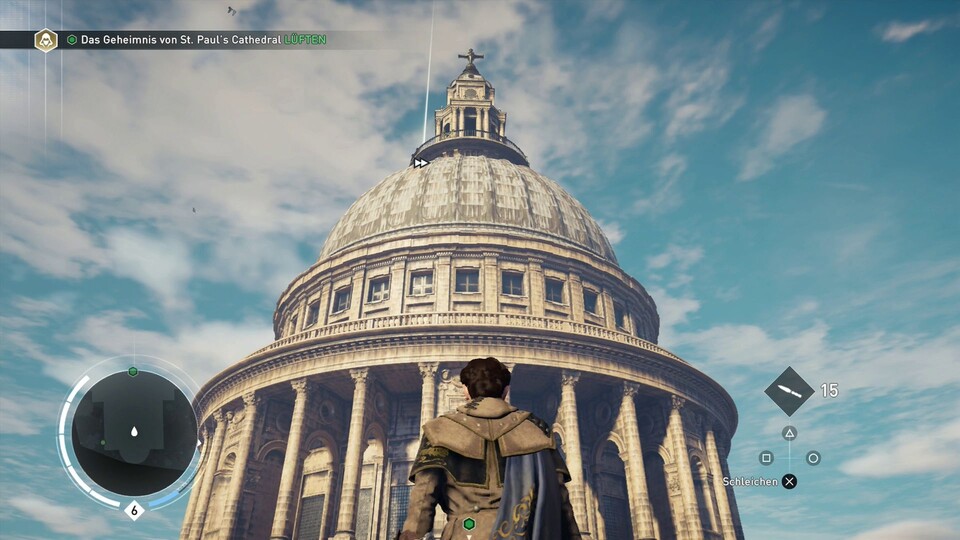 Innerhalb einer Mission klettern wir mit Evie auf die Kathedrale. Aber auch abseits davon können wir dort oben den Ausblick genießen.
