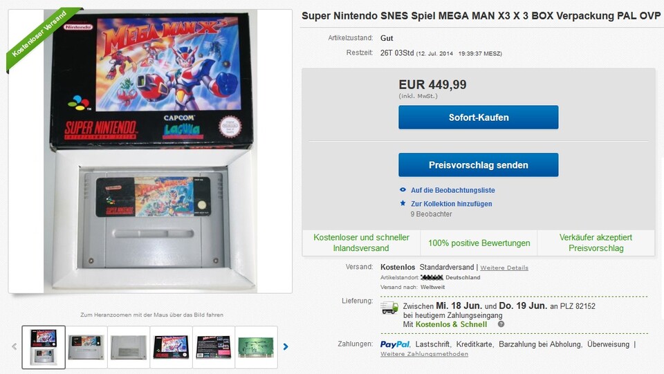 Dieser EBay-Verkäufer bietet ein Mega Man X3 in Verpackung an. Dass es sich bei der Box um eine Reproduktion handelt, steht zwar im Auktionstext, nicht aber in der Überschrift.