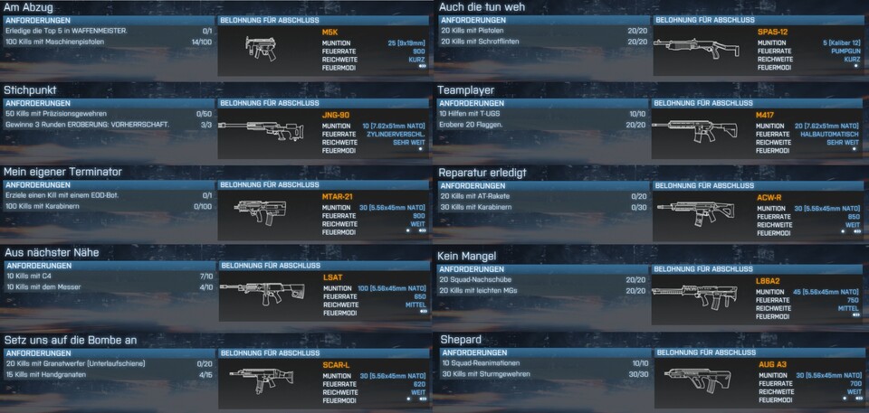 Alle neuen Aufträge : In Battlefield 3 Close Quarters gibt es zehn neue Waffen, die mit zehn neuen Aufträgen freigeschaltet werden. 