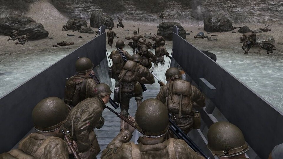 Diese Szene aus Call of Duty 2 erinnet an den Spielberg-Film »Saving Private Ryan«, erreicht aber nicht dessen schonungslose Brutalität. 