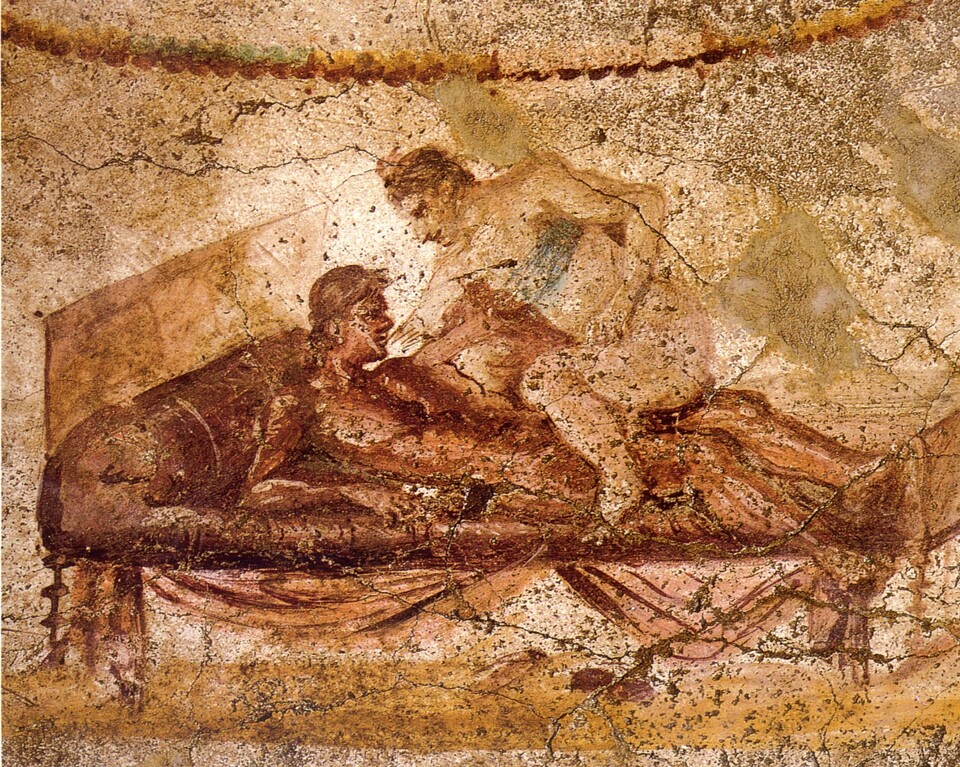 Eine erotische Szene, festgehalten als Wandmalerei in einem Lupanarium (lat.: Bordell).