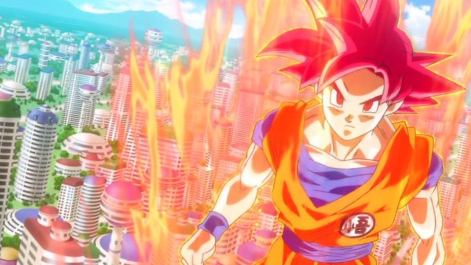 Mit Hilfe von den anderen Saiyajins schafft es Son Goku zum Super Saiyajin Gott zu werden. (Bild: © Toei Animation)