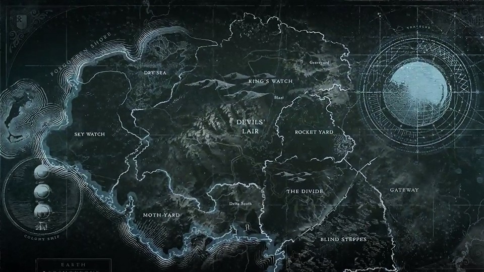 Die Map der Erde aus Destiny: Die Gebiete sind nur an bestimmten Stellen miteinander verbunden. Wir kämpfen uns eher durch diche Schläuche, als durch eine frei begehbare Welt.