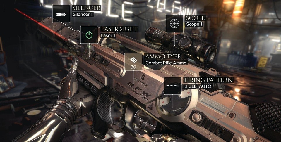 In Deus Ex 4 wählen wir Upgrades und Aufsätze für unsere Waffen nach Bedarf mitten im Gefecht.