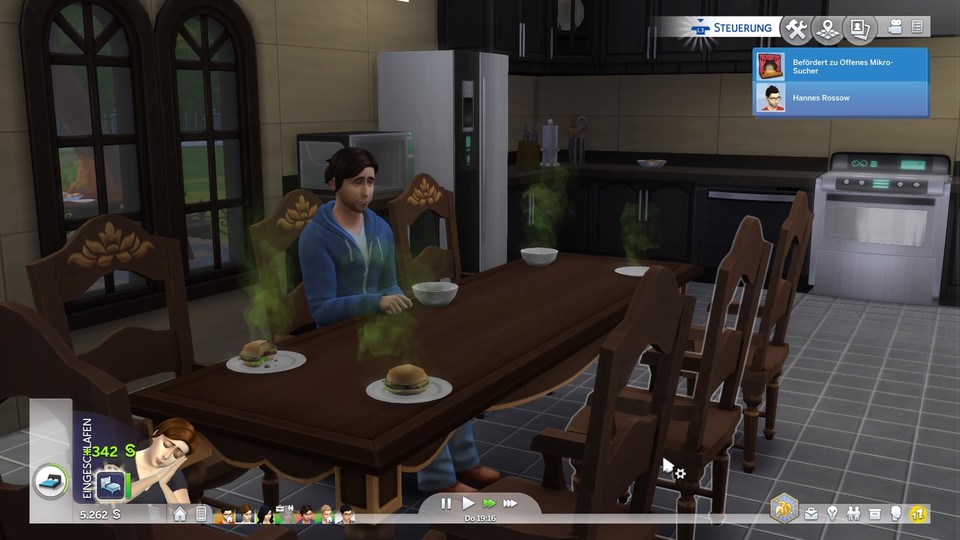 Die Sims 4 steckt voller skurriler, witziger Momente: Zum Beispiel Sim-Max, der sich von seiner müffelnden Burger-Gesellschaft beim Essen nicht abschrecken lässt.