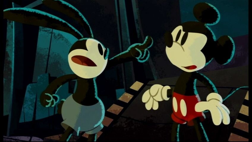 Die Zwischensequenzen sind kurze Trickfilme in einem interessanten Zeichenstil. Hier trifft Micky gerade auf seinen Vorgänger Oswald. [Wii]