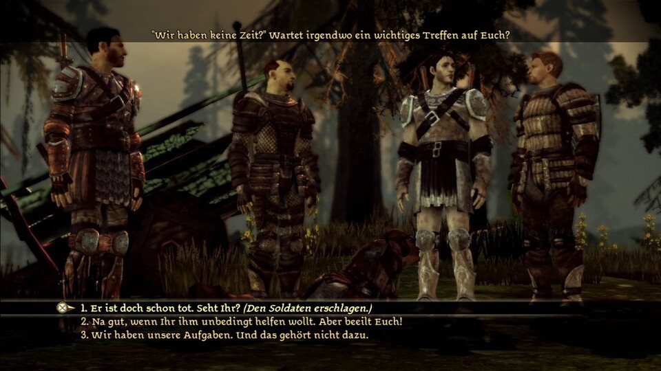 Dragon Age: Origins: Ein verwundeter Soldat? Unnötiger Ballast! In den Dialogen könnt ihr den Strahlemann oder den Schurken raushängen lassen.