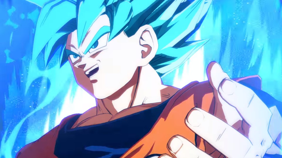 In der mächtigen SSGSS-Form umhüllt Son Goku eine blaue Aura.