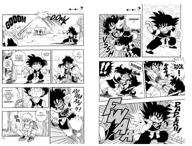 Manga liest man von rechts nach links. Toriyamas Bilder sind so aufgebaut, dass selbst ein einzelnes Bild einer eigenen Zeitachse folgt. 