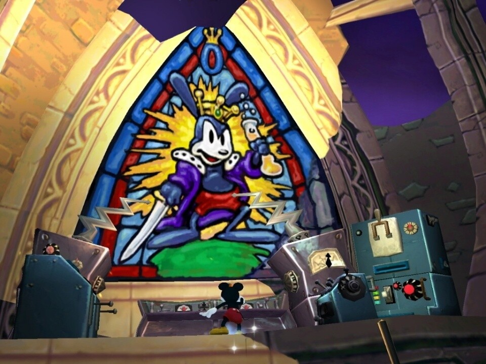 Epic Mickey: Das Glasfenster verrät: Mickeys Widersacher Oswald sieht sich selbst schon als König der Comicfiguren. [Wii]