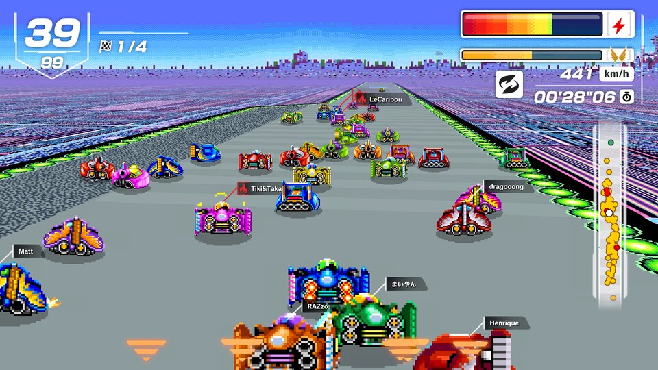 In F-Zero 99 treten 99 Spieler*innen online in futuristischen Pixel-Rennwagen gegeneinander an.