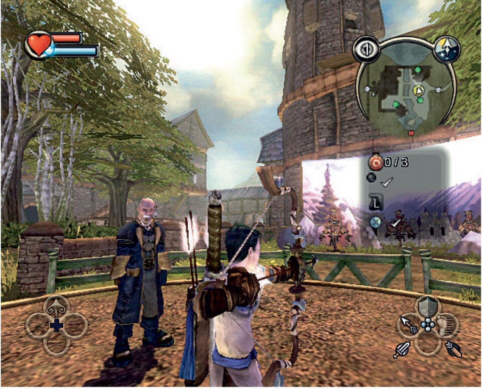 In der Gilde der Helden lernt eure Spielfigur alle Grundlagen im Kampf und der Magie - ein clever eingebautes Tutorial. Hier zielen wir mit dem Bogen auf Strohfiguren. Screen: Xbox