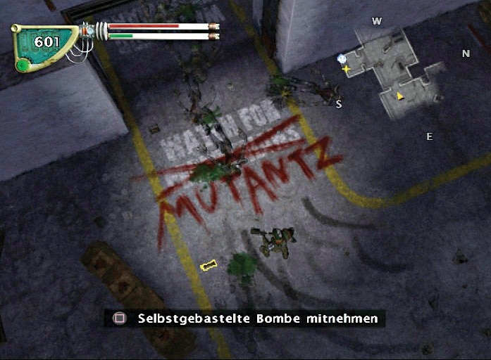 Typischer Fallout-Humor: Die Mutanten haben den Warnhinweis auf dem Fußboden passend korrigiert. Screen: Playstation 2
