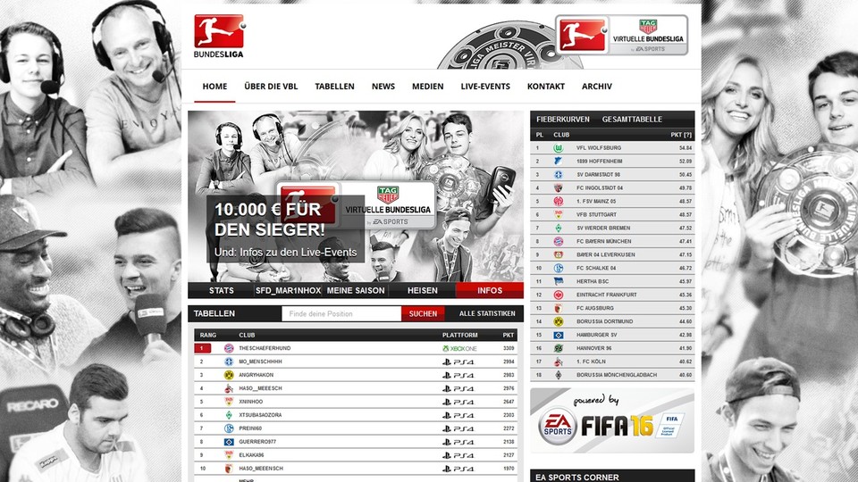 Die FIFA 16 Virtuelle Bundesliga ist die offizielle deutsche eSport-Liga von Electronic Arts und der Fußball Bundesliga. Gespielt wird Online und im Rahmen von Live-Events in ganz Deutschland.