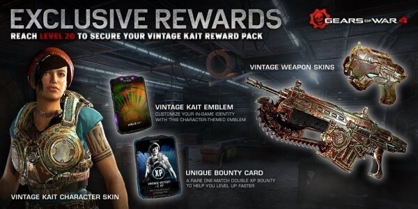 Das Vintage Kait Reward Pack ist die Belohnung für alle Spieler, die beim Beta-Test zu Gears of War 4 Level 20 erreichen.