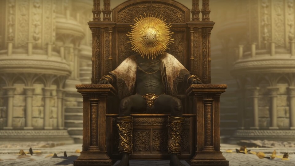 Hier seht ihr einen Spielercharakater mit dem passenden Outfit von Gold Maske auf dem Thron (Bildquelle: https:www.youtube.comwatch?v=zGRNmf94g3c).