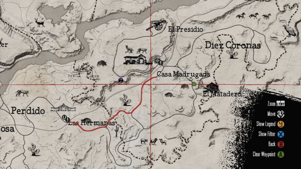 Der Kartenausschnitt aus Red Dead Redemption zeigt nur ein Drittel der Spielwelt, die rote Route ist das »Cowboy-Navi«. [360]