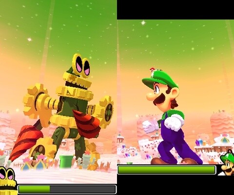 Wenn Luigi solche gigantischen Ausmaße annimmt und gegen einen anderen Koloss antritt, müsst ihr euren 3DS um 90 Grad drehen und Luigi dann Befehle mit dem Stylus erteilen. So actionlastig geht es in Dream Team Bros. aber eher selten zu. [3DS]