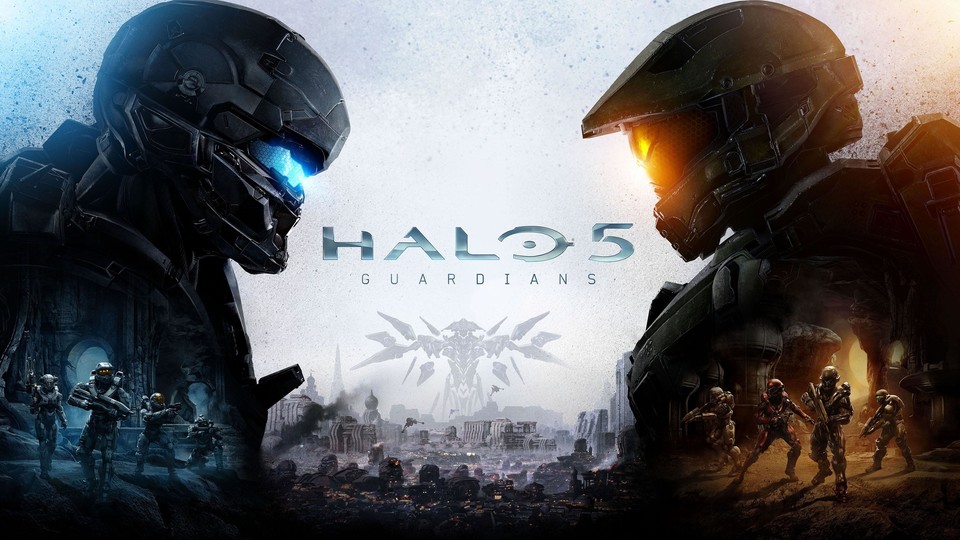 Auf der offiziellen Cover-Grafik von Halo 5: Guardians sind unter anderem zwei Spartaner-Truppen zu sehen.