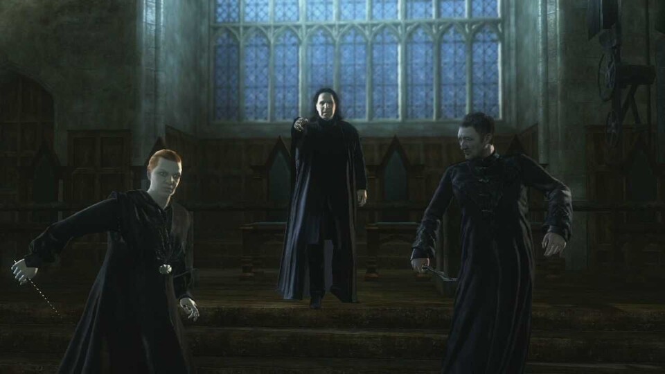Der erste Bosskampf: Schulleiter Snape hetzt uns seine Schergen Amycus und Alecto auf den Hals.