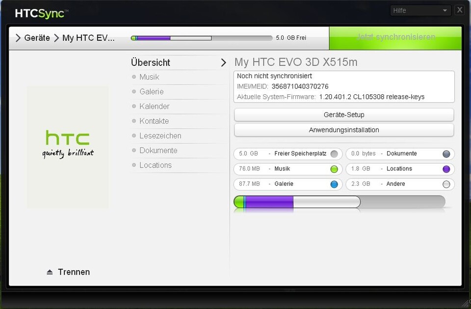 HTC Sync, die Windows-Software, mit der sich die Smartphones per PC verwalten lassen. 