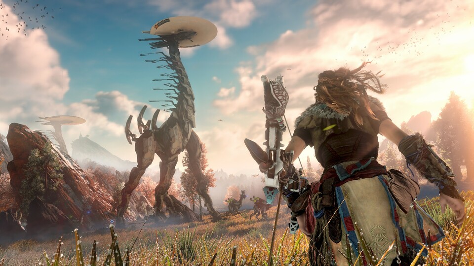 Horizon: Zero Dawn erzählt die Geschichte von Aloy, der weiblichen Protagonistin, die gegen Maschinen-Dinosaurier kämpft. Einen Mulitplayer-Modus soll es zum Launch nicht geben.