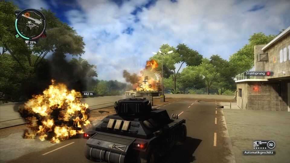 Just Cause 2: Im Panzerwagen zerlegt ihr die gegnerischen Basen schnell und effektiv.