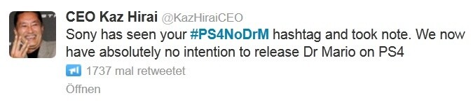 Humorvolle Antwort: »Sony hat die #PS4noDRM-Kampagne registriert und verspricht, kein Dr. Mario auf PS4 zu veröffentlichen.«