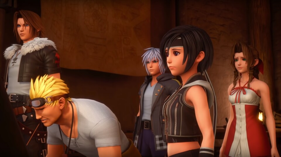 Remind erinnert uns an die andere Hälfte des Crossovers. Cid, Yuffie, Aerith und Leon aus der Final-Fantasy-Reihe helfen Riku bei der Suche nach Sora. 