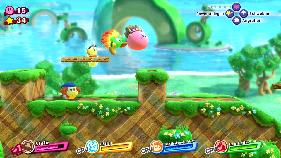 Wie gewohnt: Betätigt ihr als &quot;normaler&quot; Kirby den Sprungknopf ein zweites Mal, saugt ihr Luft ein und könnt so durch die Level fliegen. 