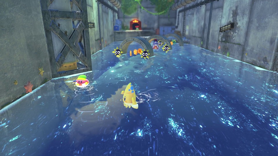 Niedliches Detail: Wenn Kirby übers Wasser schwimmt, klemmt er sich in seinen kleinen Schwimmring.