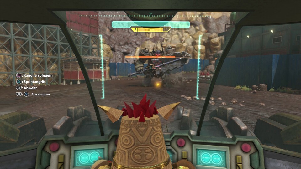 Abwechslung olé: Etwas später im Spiel hüpft Knack auch ins Cockpit eines Panzers und räumt reihenweise Kampfroboter aus dem Weg.