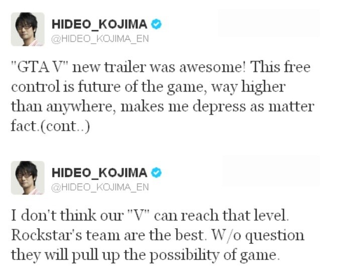 Via Twitter kommunizierte Metal-Gear-Schöpfer Kojima, dass er von dem neuen Grand-Theft-Auto-5-Trailer sehr beeindruckt ist. Was er mit »pull up the possibility of game« meint, ist allerdings nicht ganz klar.