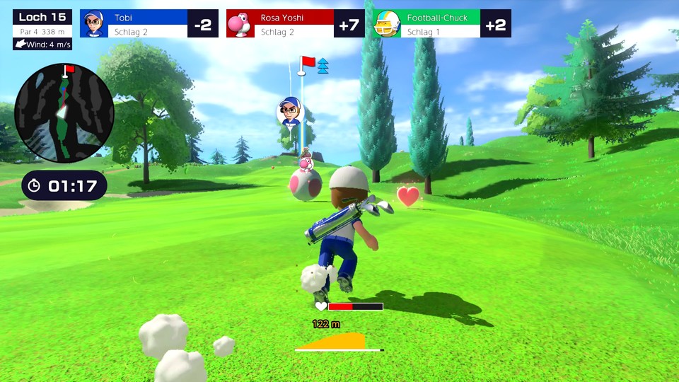 Jeder Charakter hat beim Speed Golf eine besondere Spurt-Animation, Yoshi rollt beispielsweise auf einem riesigen Ei über den Fairway.
