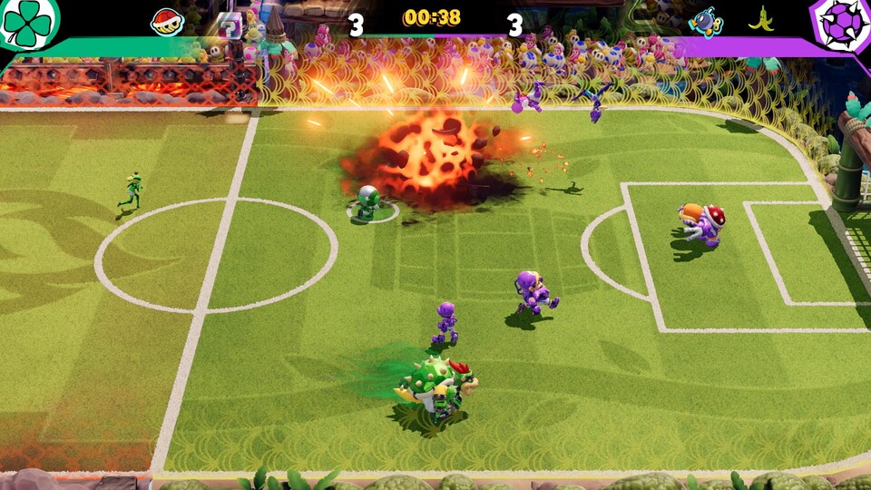 Wilde Spezialeffekte wie diese Explosion gehören bei Mario-Fußballspielen zum guten Ton.