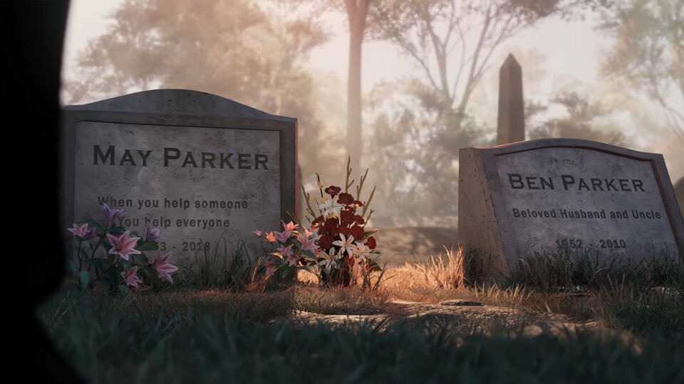 So sieht der Grabstein von Aunt May im Videospiel aus.