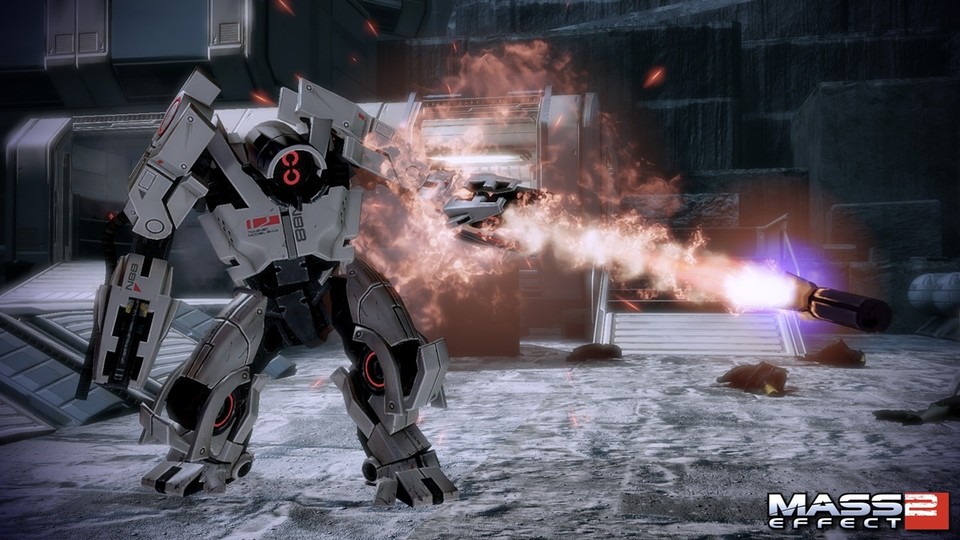 Mass Effect 2: Dieser mächtige Mech besitzt eine stabile Panzerung und schluckt viele Treffer, bevor er zu Boden geht. 