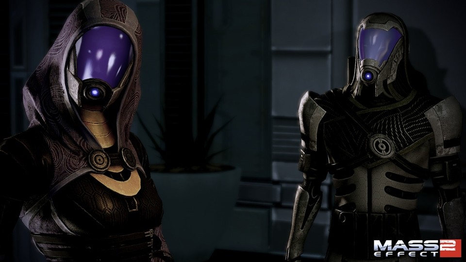 Mass Effect 2: Die Quarianerin Tali begegnet uns auf Freedom's Progress mit einem ihrer Spähtrupps. Später schließt sie sich Shepards Truppe an. 