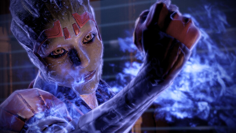In Mass Effect 2 und 3 können wir die Vikarin Samara in unser Squad aufnehmen, die von der Mutter von Billie Eilish gespielt wird.