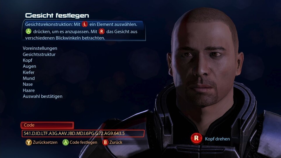Der ID-Code in der Zeile unten enthält alle Informationen zu Shepards Gesicht.