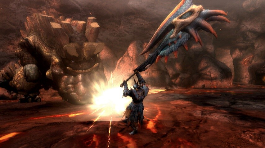 Kleine Menschen, große Waffen. Das Waffendesign in Monster Hunter Tri ist ein optischer Hingucker und lehrt die Monstern das Fürchten. [Wii]